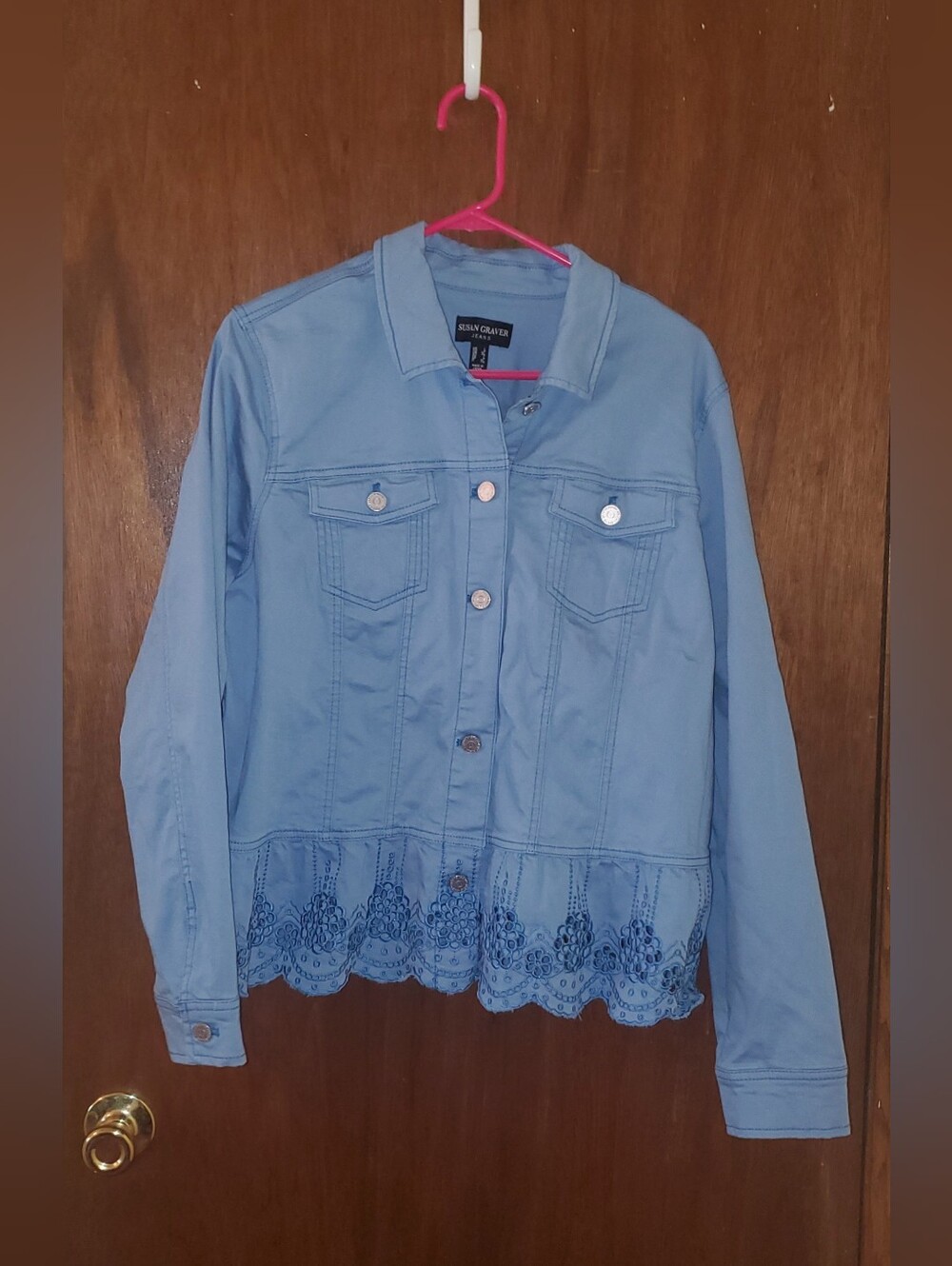 NWOT Susan Graver Peplum Stretch Denim Jacket with Embroidered Hem Sz Large